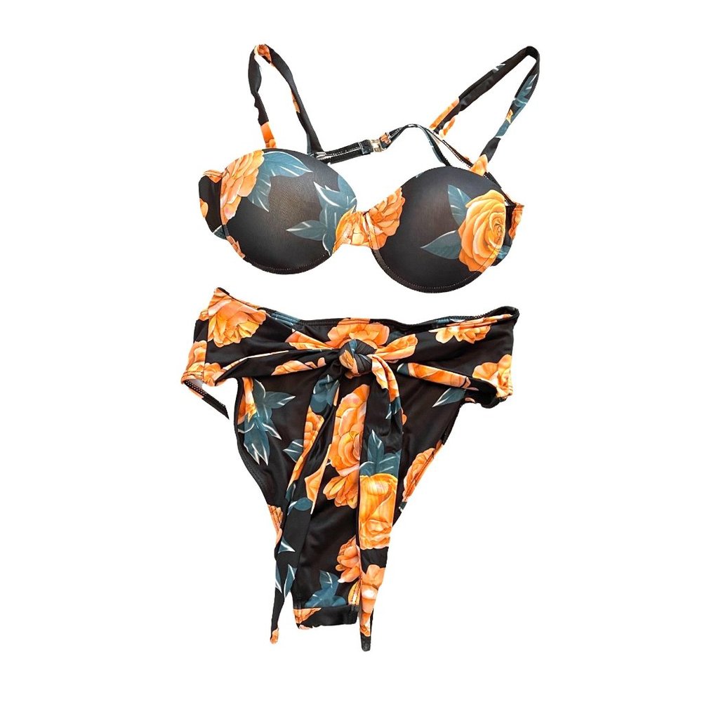 Luxyville black floral high waist 2 piece bikini swimsuit women's size L - Picture 6 of 14